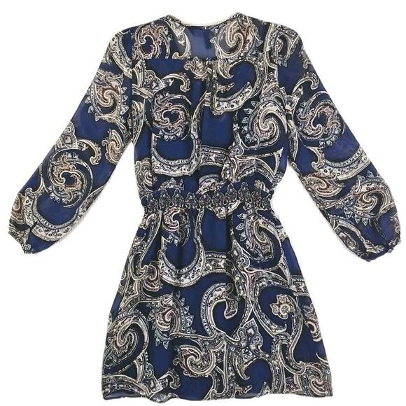 White House Black Market ~Woman Size 00Petite~Blue Paisley Print LS Dress Sheer. - Picture 8 of 14